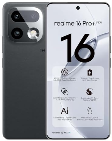 realme 16 Pro+ 5G Smartphone 8GB + 256GB, 200MP LumaColor Cámara + 50MP, Teléfono Móvil con Procesador Snapdragon® 7 Gen 4, Batería 7000mAh y Carga de 80W, Móviles de 6.8 144Hz AMOLED Pantalla, Gris