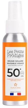 LES PETITS PRODIGES - Brume Solaire Invisible Visage SPF50+ - Protection Anti UVA et UVB, Anti-pollution, Hydrate et Rafraîchit, Compatible Maquillage - Peau Sensible - Made in France - 40ml