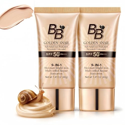 2PCS BB Cream Light SPF Tinted Moisturizer,Snail Tinted Moisturiser with High Coverage,BB Cream Light SPF 50+ Gold Snail Sunscreen,Foundation for Mature skin,Lig/ht for All Skin Types(Natural Color)