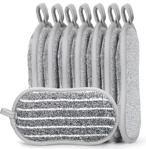 Euqvunn Set de 8 Estropajo Cocina Platos Doble Lado, Esponja de Cocina Antirayaduras, Almohadillas de Fregado de Larga Duración, Productos de Limpieza para Cocina y Baño, 9,5 * 16 cm (Gris)