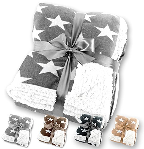 Gräfenstayn® Sternendecke Kuscheldecke in Lammfell-Optik - Verschiedene Größen und Farben - Motiv Stern Tagesdecke Flanell Mikrofaser-Flausch - mit Öko-Tex Siegel (Grau, 200x150cm)