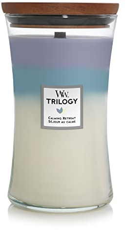 WoodWick große Trilogy-Duftkerze im Sanduhrglas mit knisterndem Docht | Calming Retreat | Brenndauer bis zu 130 Stunden