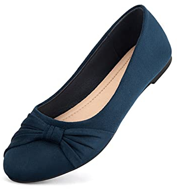 MaxMuxun Navy Soft Leather Insole Lightweiht Casual Dress Ballet Ballerina Dolly Pumps Women Flats with Bowtie Suede Shoes for Women Size 5 UK / 38 EU