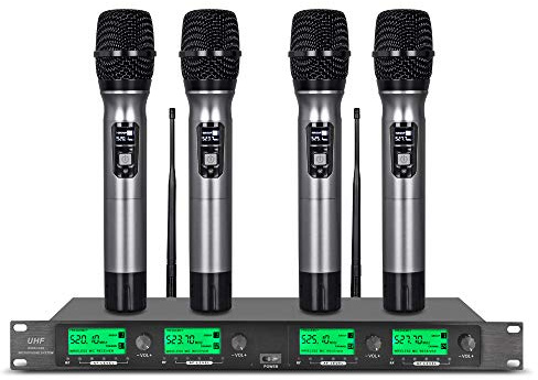 Wireless Microphone System Pro Audio UHF 4 Channel Microphones 4 Handheld Karaoke DJ Mic Karaoke System Whole Metal Mic Karaoke System Church Speaking Conference Wedding Party