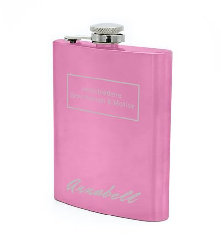 Flachmann mit Namens Gravur, Edelstahl, individuelle Geschenkidee zur Hochzeit, zum Geburtstag oder mehr! (Pink)