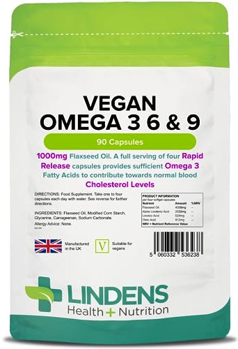 Lindens - Vegan Omega 3, 6 & 9-90 Capsules - 1000mg Flaxseed Oil, UK Made - Essential Omega Fatty Acids, Normal Blood Cholesterol Levels - Brain, Heart & Eyes - Letterbox Friendly