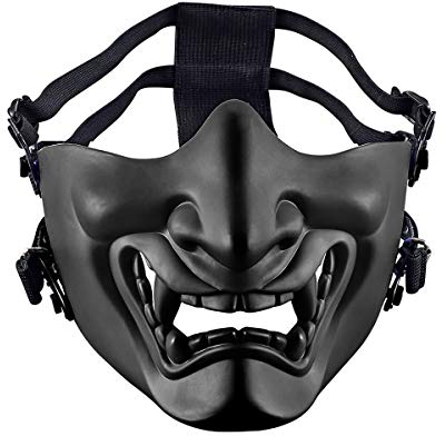 AOUTACC Airsoft Halbgesichtsmasken, Evil Demon Monster Kabuki Samurai Hannya Oni Half Face Protective Masken Maskerade Ball, Party, Halloween, Cs War Game (Verstellbarer Riemen Schwarz)