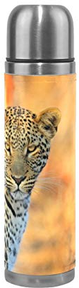 Linomo Thermosflasche Tier Leopard Gesicht Edelstahl Wasserflasche,Isoliert Auslaufsicher, Doppelwandig Vakuumflasche für Sport Reise Camping Büro 500 ml