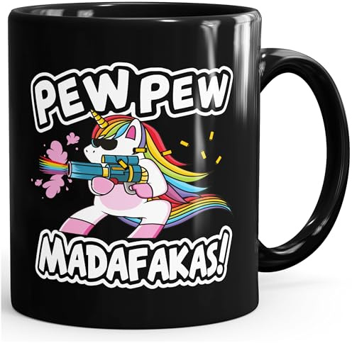MoonWorks® Kaffee-Tasse Pew Pew Madafakas böses Einhorn Regenbogen Unicorn Schwarz Keramik-Tasse