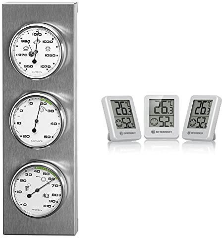 Sunartis Wetterstation aus Edelstahl mit Barometer, Hygrometer und Thermometer & Bresser Thermometer Hygrometer Temeo Hygro Indicator 3er-Set zum Aufstellen oder zur Wandmontage, Weiss