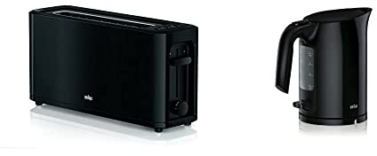 Braun HT 3110 BK Toaster | Langschlitz | Extrabreite Toastkammer | Herausnehmbare Krümelschublade | Schwarz & Wasserkocher | Füllmenge 1,0 l | 2.200 Watt | Schnellkochsystem | Schwarz