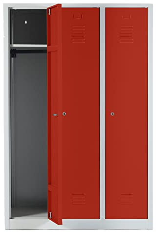 Schrank & Stuhl Spind – Metallspind mit 3 Abteilen in 180 x 120 x 50 cm, Schließfachschrank mit Hutboden & Zylinderschlössern, Lieferung komplett montiert, Grau/Rot