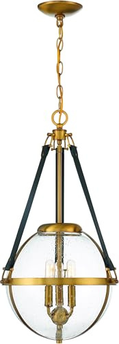 Savoy House 7-1837-3-322 Bozeman Rustic Equestrian-Inspired Seeded Glass Pendant with Chocolate Leather Band, 3-Light 180 Total Watts, 25 H x 14 W, Warm Brass