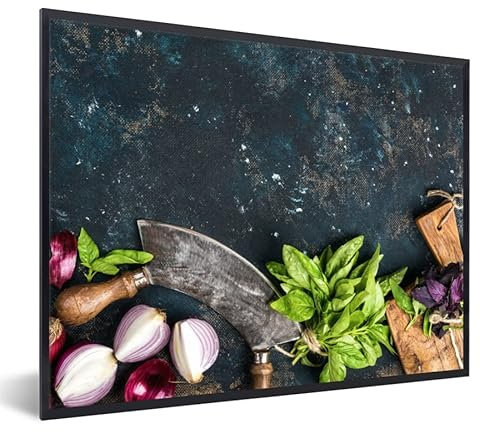 MuchoWow Poster Bilder Wanddeko Deko Wohnzimmer 80x60 cm Gemüse - Kräuter - Wiegemesser - Zwiebel - Gewürze - Rustikal