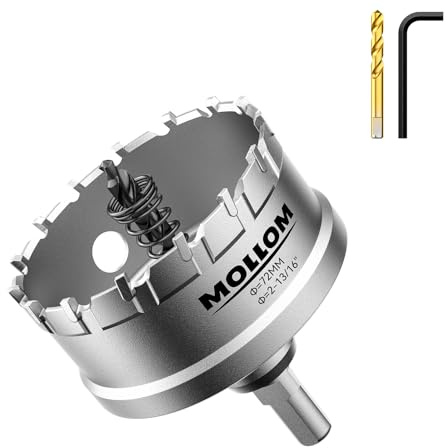 Mollom 2-13/16 (72mm) Heavy Duty Carbide Hole Saw with 2 Pilot Bits | Industrial-grade Hole Cutters for cutting Stainless Steel,Mild Steel, Iron,Copper,Brass,Aluminum,Plastic