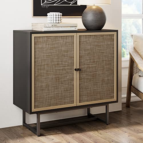 Nathan James Kova Rattan Wood Accent Sideboard Storage Cabinet with Matte Metal Frame, Adjustable Interior Shelves and Cane Doors, for Hallway, Entryway or Living Room, Black Oak/Cane