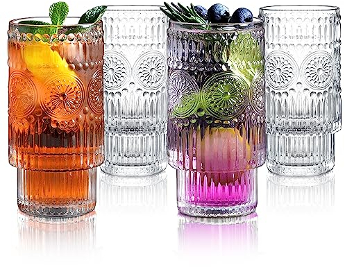 Joeyan Vintage Glassware Drinking Glasses Set of 4, 340ml Highball Glass Cups, Embossed Clear Tall Water Tumbler with Pattern for Cocktail, Beer, Whiskey, Juice, Iced Coffee Tea and Mixed Drinks