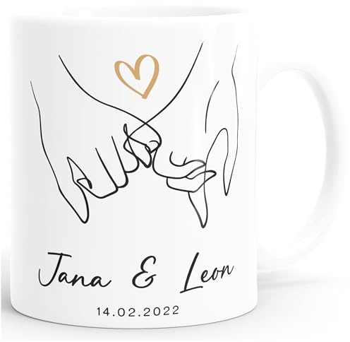 SpecialMe® Kaffee-Tasse Liebe personalisiert mit Name und Datum Hände Paar Herz Liebes-Geschenk Freundin Mann Weiss standard