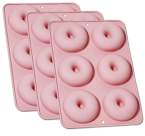 LSRVNM 3 Pièces 6 Compartiment Moules à Donuts en Silicone, Donut Baking Plateau, Facile à Démonter, Résistant à La Chaleur, Facile à Ranger, pour La Cuisson des Gâteaux, des Beignets (Rose)