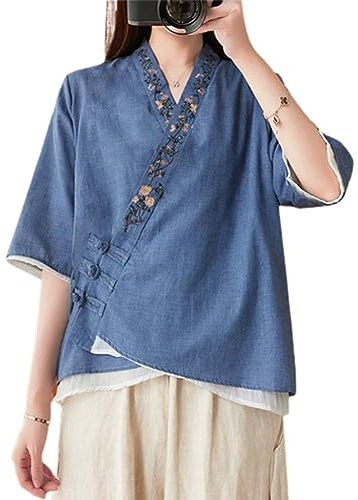 The Princess Bride Hanfu - Blusa informal de lino, manga 3/4, cuello en V, ropa tradicional china con botones de rana china, para verano, A11- Parent, azul, XXL