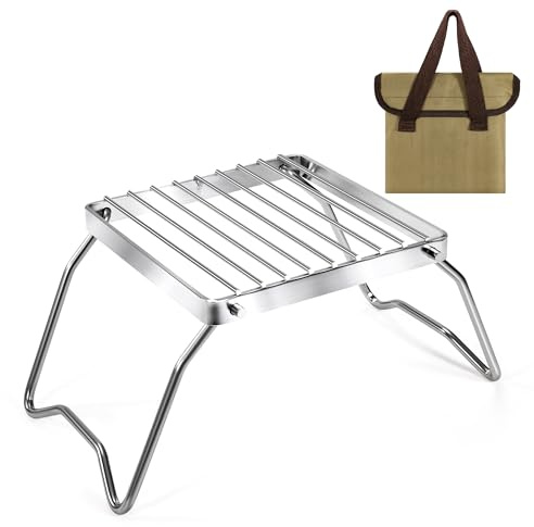 Grille de Camping Pliable en Acier Inoxydable Support de Poêle de Feu de Camp Portable avec Sac de Transport pour Barbecue, Randonnée, Pique-nique, Pêche