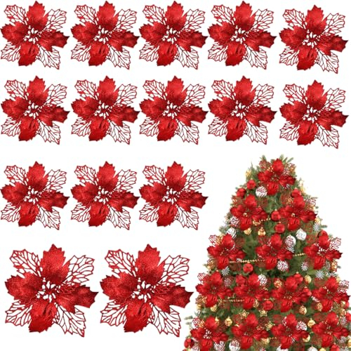 15 Pièces Fleurs de Poinsettia de Paillettes de Noël, Fleur de Simulation de Noël, Fleurs de Poinsettia Glitter, Pendentifs Fleurs Artificielles, Artificielles Scintillantes Décorations, Rouge