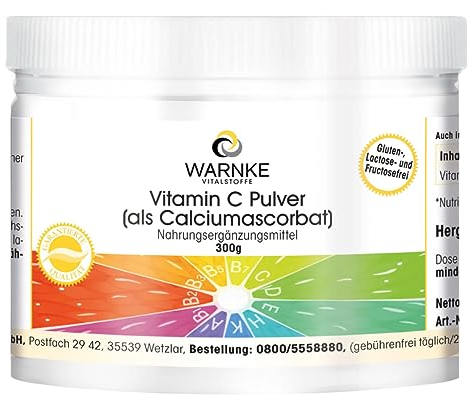 Vitamin C-Pulver 300 g - Calcium-L-Ascorbat 100% pur ohne Zusatzstoffe, magenfreundlich, gepuffert - Warnke Vitalstoffe - Deutsche Apothekenqualität