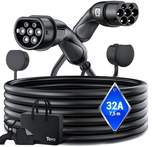 Tera EV Ladekabel Typ 2: 22KW 32A 7,5Meter 3-Phasen Typ 2 zu Typ 2 Mennekes IP55 Schnellladen Ladekabel Elektroauto Typ 2 für E-Auto EV/PHEV Deutsche Bedienungsanleitung DC-32 Schwarz