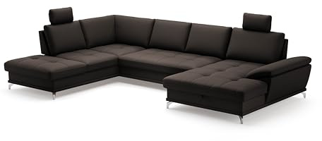 Cavadore Wohnlandschaft Castiel mit Federkern / Sofalandschaft mit XL-Longchair, Bett, Bettkasten, Sitztiefenverstellung und Kopfstützen / 363 x 89-104 x 223 / Echtleder, Dunkelbraun