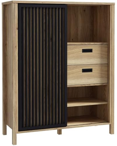 Forte JYTANA Schrank 100 105, skandinavischer Schrank mit 2 Schubladen, Schranktür und 3 offenen Fächern, Mauvella Eiche mit Schwarz, 103,4 cm breit x 129,9 cm hoch x 40,2 cm tief