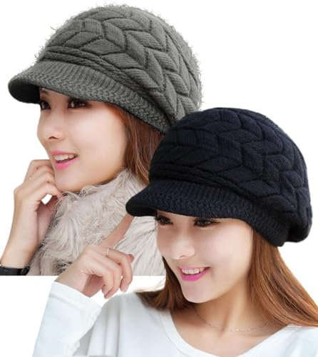 HINDAWI Newsboy Caps Winter Hats for Women Outdoor Warm Winter Hat Knit Snow Ski Crochet Skull Black Dark Grey