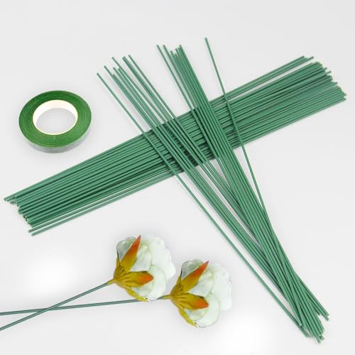 Elepl 100 Stücke Blumendraht Grün Steckdraht 30CM Kunstoff Blumenstamm Steckdraht 2MM Blumenstieldraht mit 1 Floristenband für DIY Herstellung von Blumenarrangements Künstlichen Blumen Blumenkranz