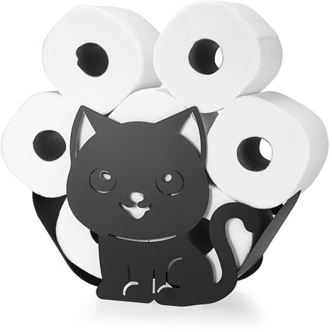 BTSKY Toilettenpapierrollenhalter aus Metall, mattschwarz, Tier-Stil, freistehend und wandmontiert, Toilettenpapier-Aufbewahrungsbehälter für Badezimmer, Zuhause, Küche, Toilette (sitzende Katze)