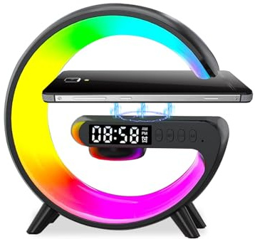 Nachttischlampe mit Uhr und Ladestation, 5W Radiowecker mit Licht und Ladefunktion Dimmbar G Lampen LED Lampe Bluetooth Lautsprecher, Intelligente Tischlampe mit 10 Lichtfarbe für Nachttisch (Schwarz)