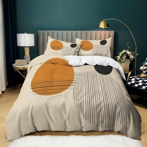geometrische Linien Kreise Bettwäsche 180x200 cm für Jungen Mädchen Schlafzimmer Dekor, Weiche Microfaser Beige Bettbezug Sets mit 2 Kissenbezüge 80x80 cm Pflegeleicht & Hautfreundlich