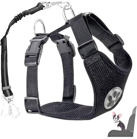CUEMOON Hundegeschirr mit Sicherheitsgurt für Auto, Doppellagiges atmungsaktives Latex-Netzgewebe Welpengeschirr, Anti Zug Geschirr Hund Verstellbar mit Griffe Verbreitert M