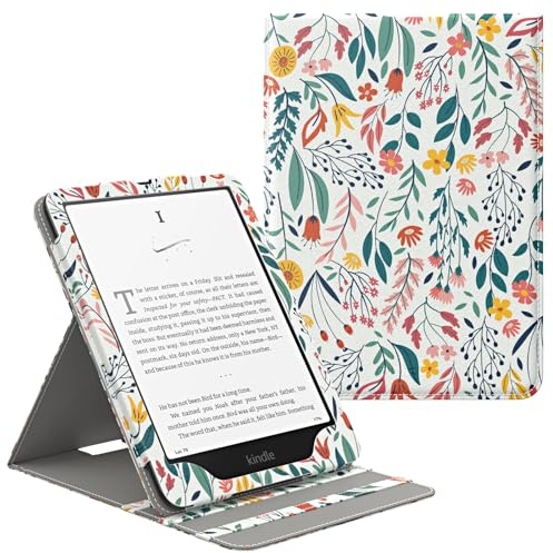 MoKo Funda para 7/6.8 Kindle Paperwhite (12th/11th Gen.,2024/2021)&Kindle Colorsoft Signature Edition(1st Gen.,2024), Carcasa Protectora Soporte Tapa Vertical con Auto Activación/Reposo - Flores
