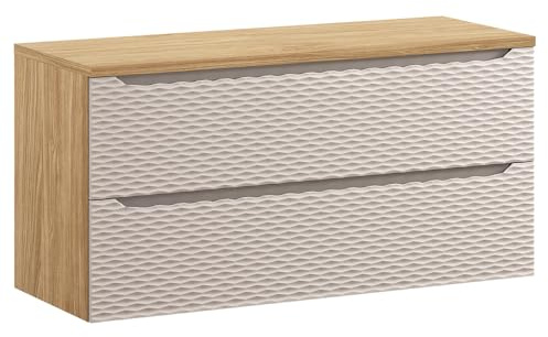 Lomadox Badezimmer Waschtischunterschrank 120cm in Eiche, Front in beige mit 3D-Oberfläche