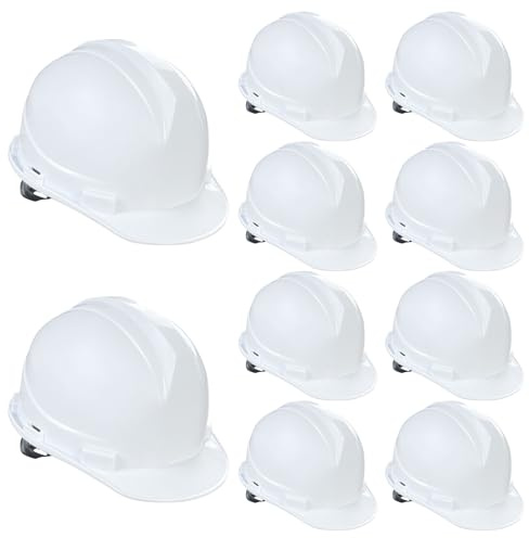 Ayearparty 10 Pieces Suspension Hard Hat Construction Hard Hats Bulk for Safety Ratchet Cap Style with Self Adjusting Crown Straps for Men Women (White)