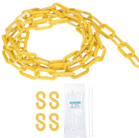 sourcing map Cadena de plástico de 6,1 m, cadena de seguridad de plástico amarillo con bridas de cremallera y ganchos en S para decoración de valla de línea de cola de control de multitudes