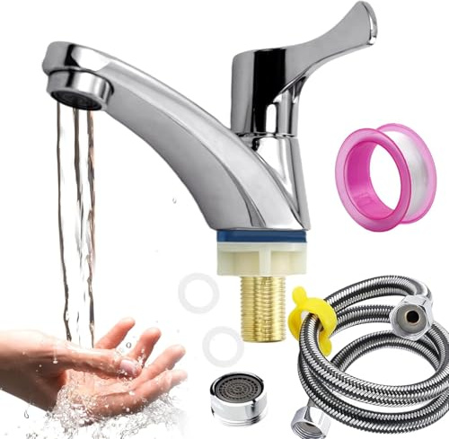 Rubinetto Singolo per Acqua Fredda, Rubinetto Piccolo per Acqua Fredda con Beccuccio Filtrante, Rubinetto per Acqua Fredda per WC Ospiti con Tubo di Collegamento da 60 cm, per Bagno, Bar, Cucina