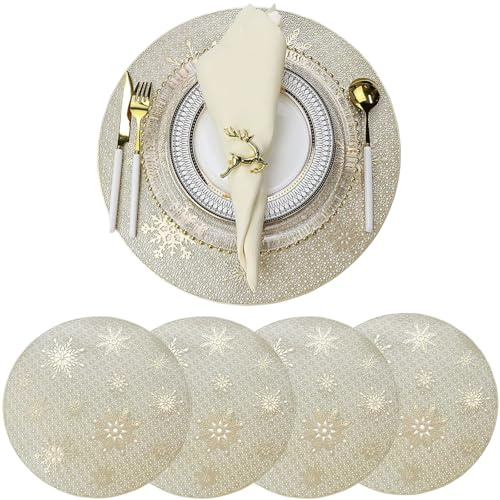 4 Stück Weihnachtstischsets, runde Weihnachts-Tischsets, Gold, waschbar, rund, goldene Untersetzer, Weihnachten, Schneeflockenmuster, Tischsets für die Tischdekoration