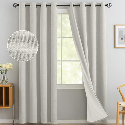 Yakamok Cream Linen Textured Curtains 84 Inches Long for Living Room | 100% Blackout Curtains,Room Darkening Curtains,Thermal Grommet Bedroom Curtain 2 Panels with Greyish White Liner,52W x 84L