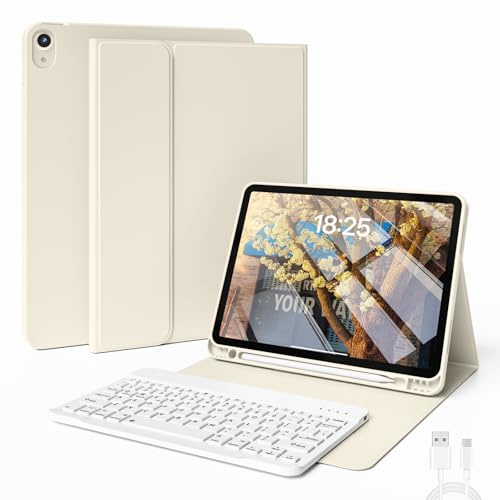 JKSML Hülle mit Tastatur für iPad Air 11 Zoll (M4/M3/M2) 2026/2025/2024 | für iPad Air 5./4.Gen 10.9 Zoll (2022/2020),TPU Hülle mit Stifthalter & Abnehmbarer QWERTZ Tastatur mit Typ-C Kabel,Creme