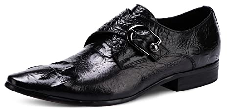 Mocassins Formels Affaires pour Hommes Chaussures Monk Gaufré en Cuir Véritable à Bout Pointu Chaussures à Enfiler Habillées Boucles