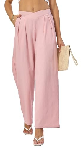 DGSHIRLDJO Pantalon Femme Elégant Pantalons Palazzo Taille en V avec Fermeture éclair Large Pantalon Fluide Femme avec Poches (FR/ES, Alpha/Lettres, L, Taille Normale, Taille Normale, Rose)