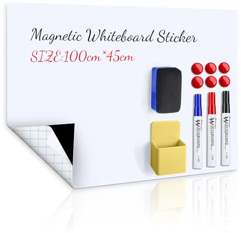 Magnetic Whiteboard Paper, 100×45cm Self-Adhesive Dry Erase Sheets, Whiteboard Film for Wall, Includs Markers, Magnetic Buttons, Eraser & Storage Box – for Office School Classroom and Home