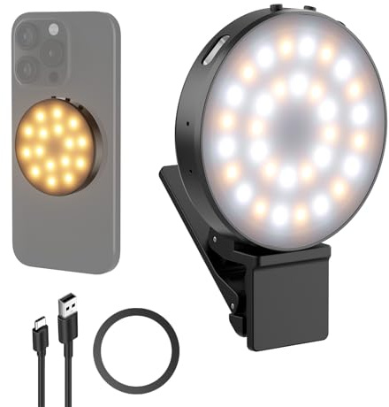 NEEWER Entry Level Version Magnetic Selfie Light Compatible with MagSafe iPhone, 1W Clip on Metal LED Phone Fill Ring Lighting for Laptop Video Conference Makeup Recording, CRI95+ 840lux/0.2m, NL32R
