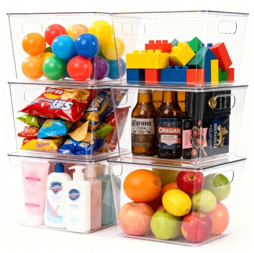 Clear Fridge Organiser with Handles, 6 Pack with Lid L Size 30x20x15CM | Stackable Clear storage bins with handles, food organizer basket for kitchen, fridge, freezer