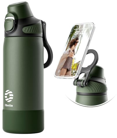 Fjbottle Edelstahl Trinkflasche mit Strohhalm und Deckel 600ml/700ml/1L mit Magnetgriff als Handyhalter One Click Flip Deckel BPA-frei Auslaufsicher Isoliertes Metall für Fitness und Yoga